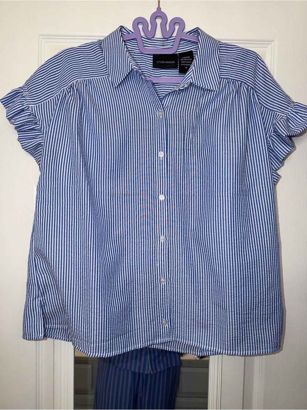 Liv Los Angles Blue Stripe Ruffle Sleeve Button-Up Blouse NWT